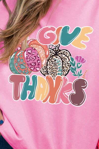 GIVE THANKS Sequin Round Neck Long Sleeve Sweatshirt - Kenchima 