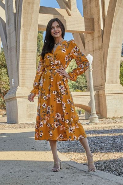 Floral Tie Back Flounce Sleeve Dress - Kenchima 