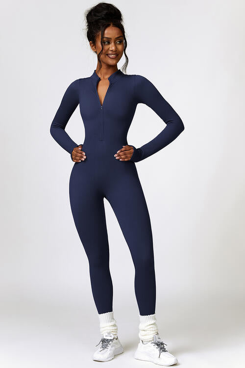 Half Zip Long Sleeve Active Jumpsuit - Kenchima 