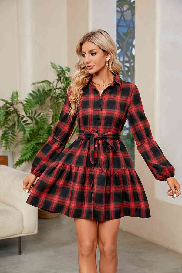 Plaid Print Tie Waist Collared Neck Shirt Dress - Kenchima 