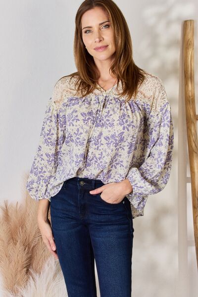 Hailey & Co Full Size Lace Detail Printed Blouse