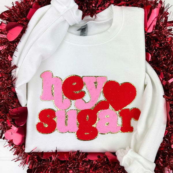 PREORDER: Hey Sugar Chenille Patch Sweatshirt in White