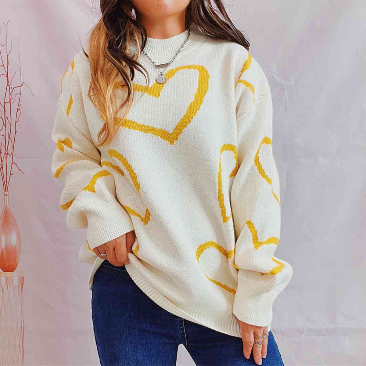 Heart Pattern Long Sleeve Sweater - Kenchima 