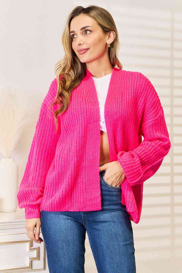 Rib-Knit Open Front Drop Shoulder Cardigan - Kenchima 