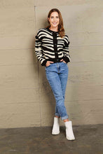 Striped Button-Down Round Neck Drop Shoulder Cardigan - Kenchima 