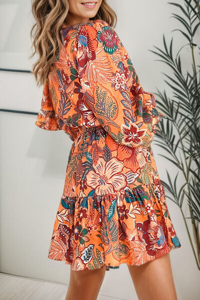 Print Tie Waist Lantern Sleeve Mini Dress