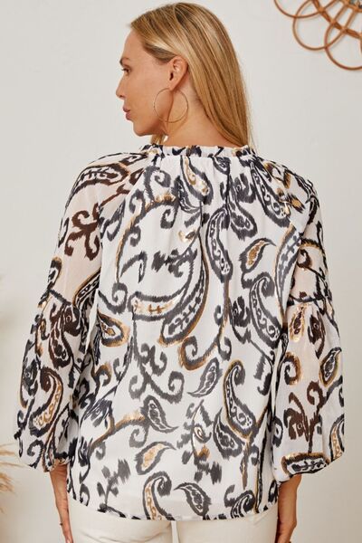 Printed Tie Neck Balloon Sleeve Blouse