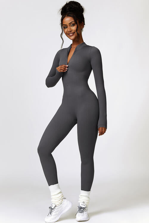 Half Zip Long Sleeve Active Jumpsuit - Kenchima 
