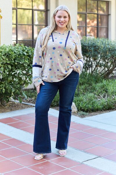 Full Size Polka Dot Drawstring Hoodie - Kenchima 