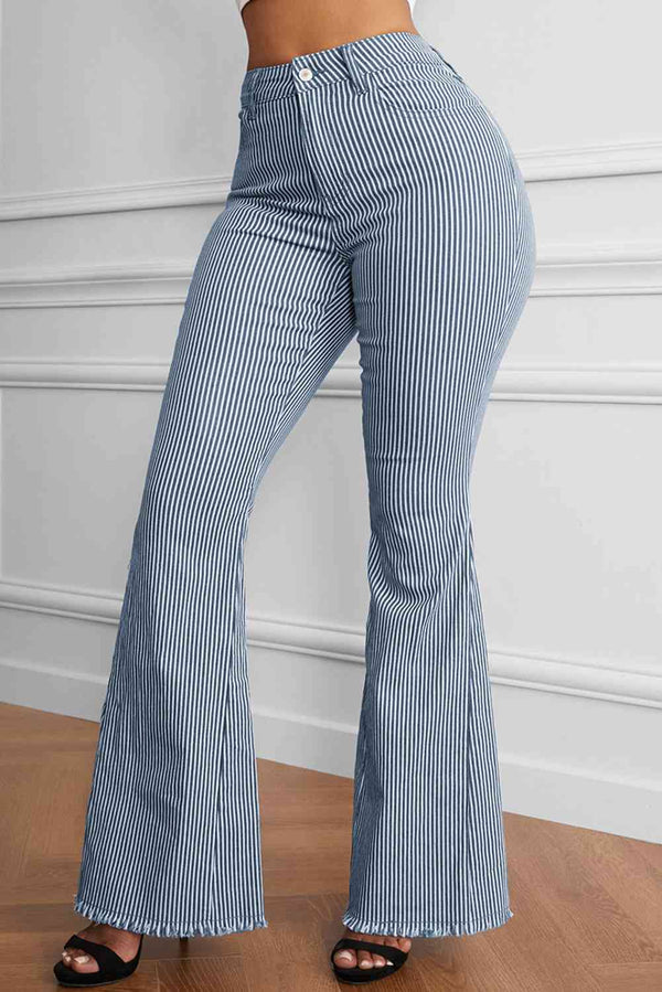 Striped Fringe Detail Flare Pants - Kenchima 