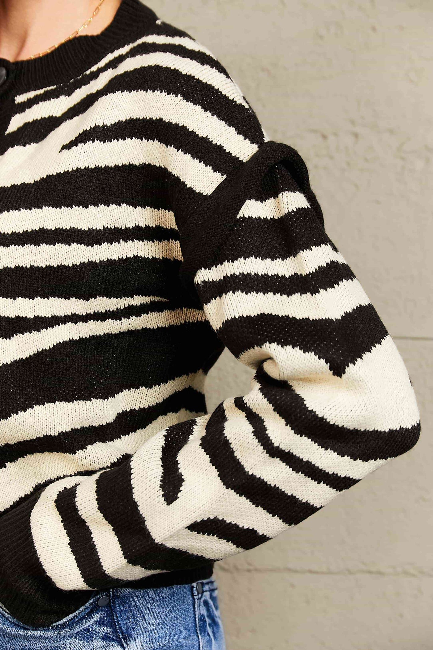 Striped Button-Down Round Neck Drop Shoulder Cardigan - Kenchima 