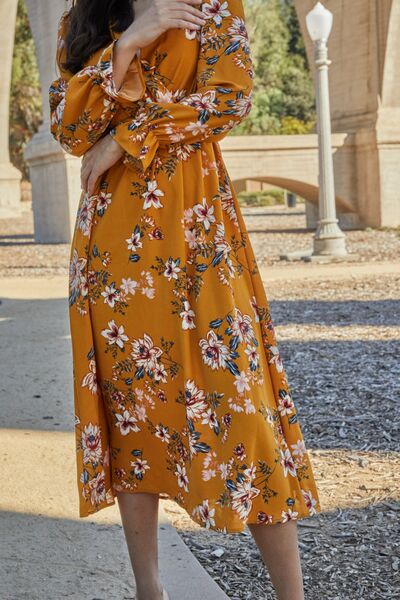 Floral Tie Back Flounce Sleeve Dress - Kenchima 