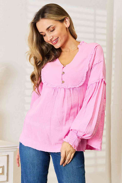Buttoned Notched Neck Blouse Top - Kenchima 