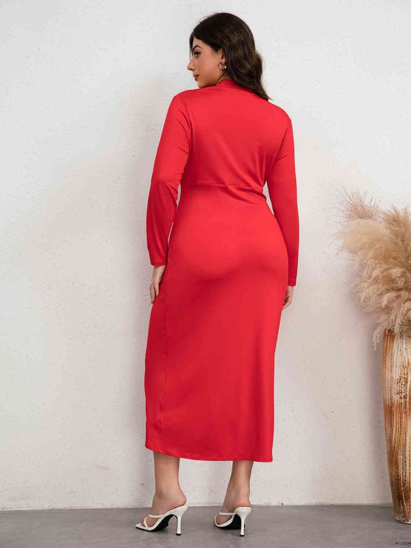 Plus Size Plunge Ruched Slit Dress - Kenchima 