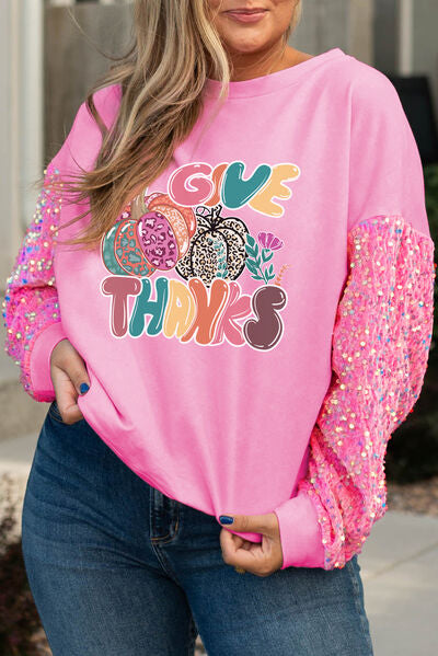 GIVE THANKS Sequin Round Neck Long Sleeve Sweatshirt - Kenchima 