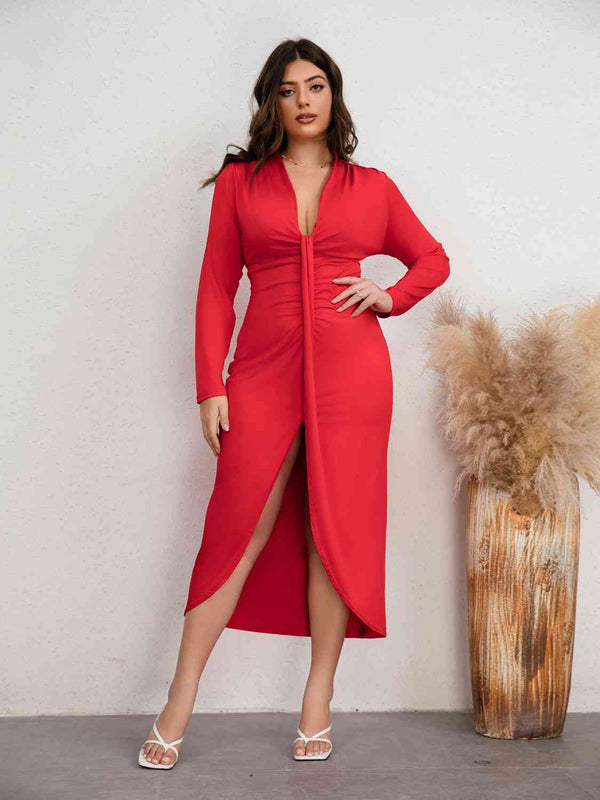 Plus Size Plunge Ruched Slit Dress - Kenchima 