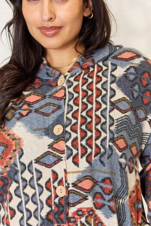 Printed Button Up Hooded Jacket - Kenchima 