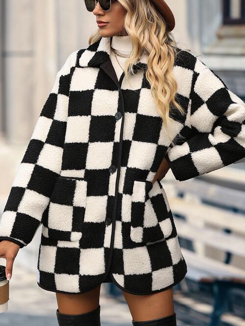 Checkered Button Front Coat with Pockets - Kenchima 