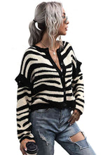 Striped Button-Down Round Neck Drop Shoulder Cardigan - Kenchima 