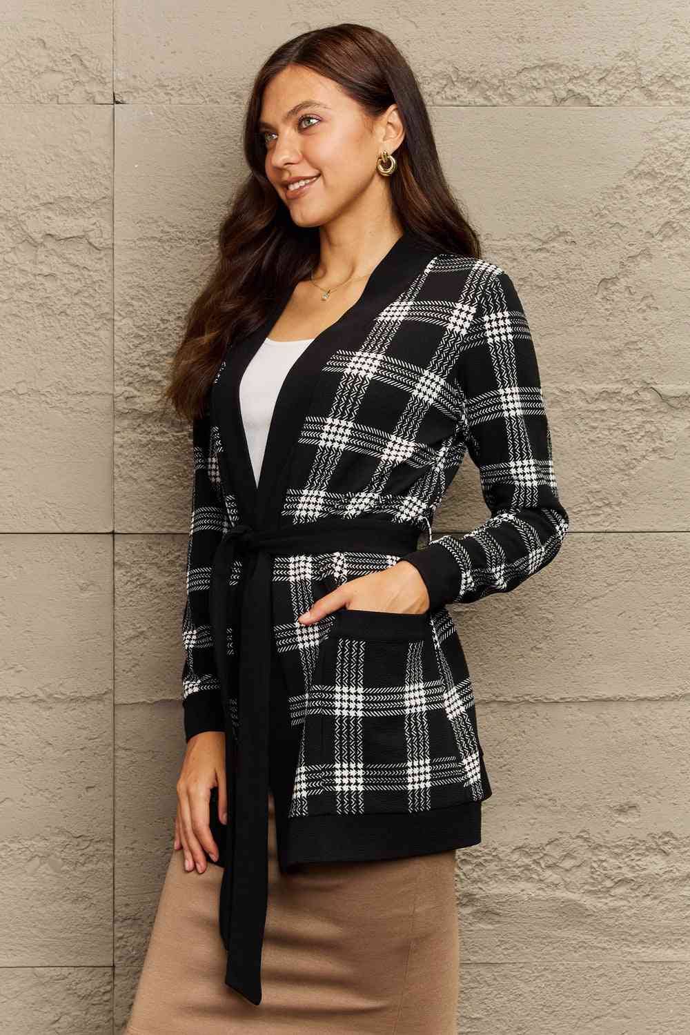 Plaid Tie Waist Pocketed Cardigan