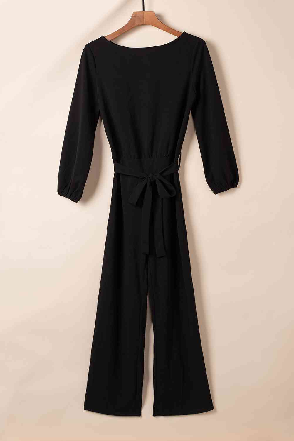 Boat Neck Tie Belt Jumpsuit - Kenchima 