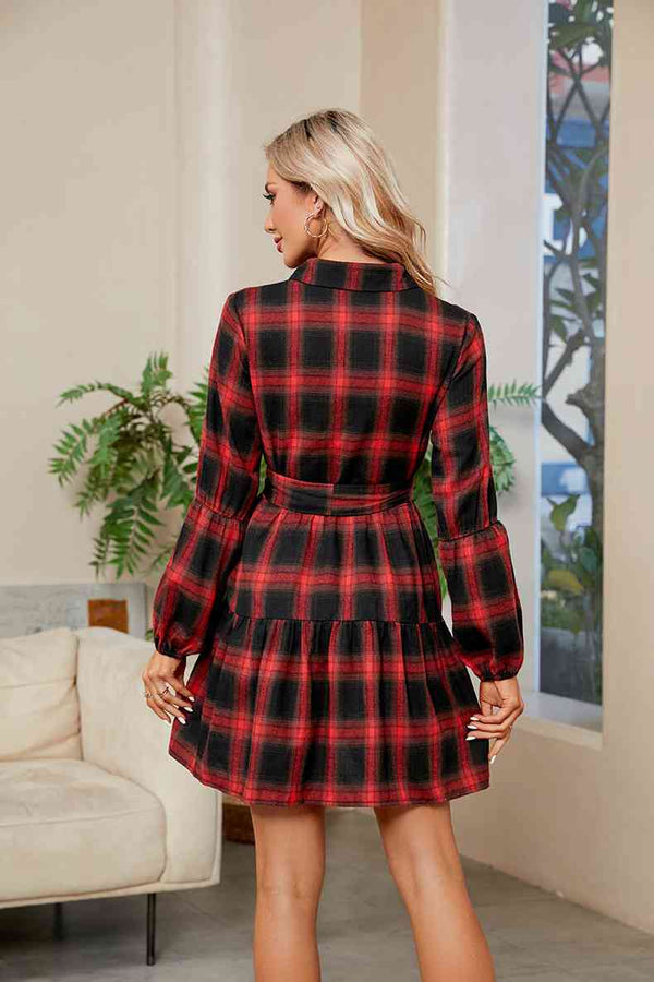 Plaid Print Tie Waist Collared Neck Shirt Dress - Kenchima 