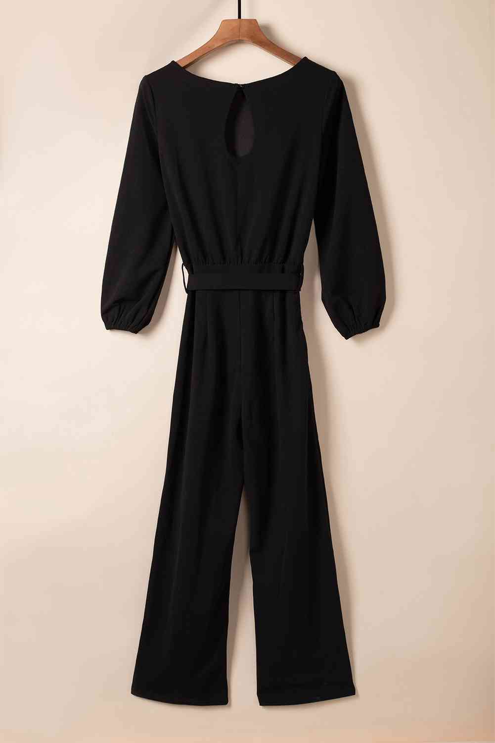 Boat Neck Tie Belt Jumpsuit - Kenchima 