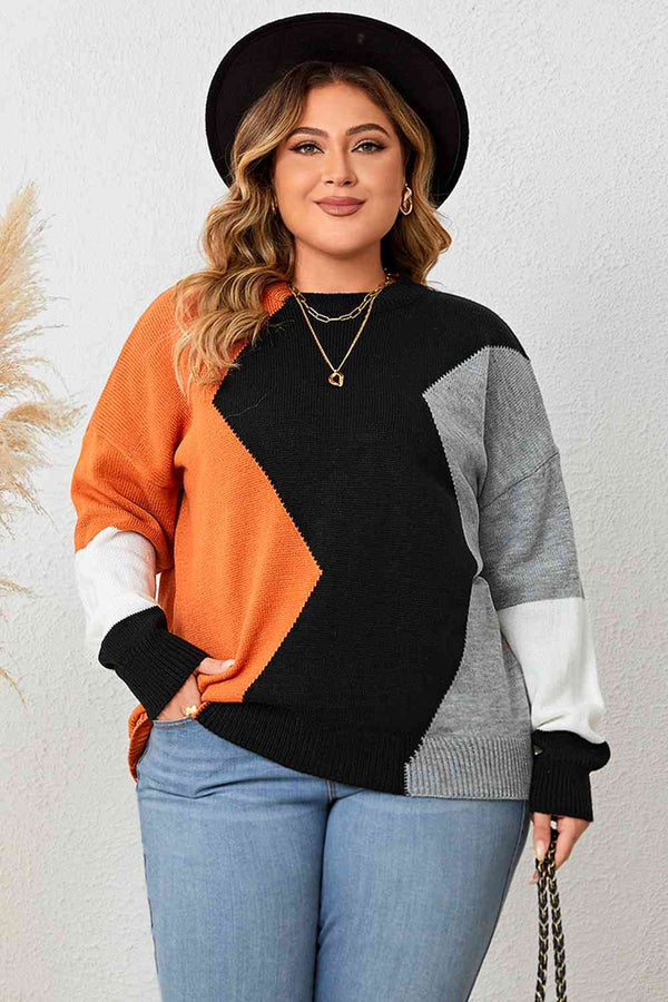 Plus Size Color Block Round Neck Knit Top - Kenchima 