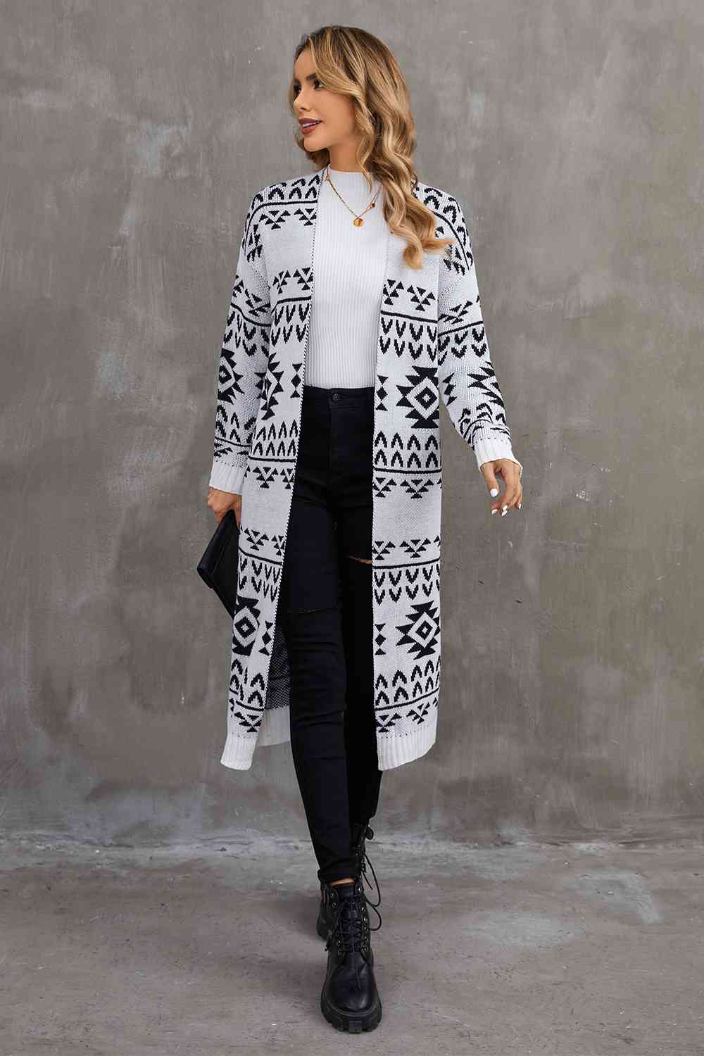 Geometric Open Front Longline Cardigan - Kenchima 