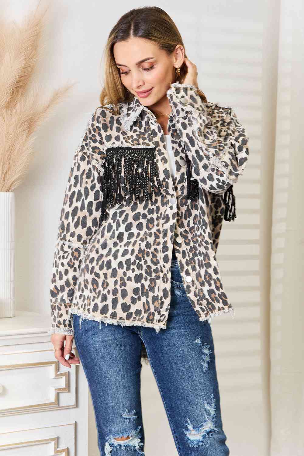 Leopard Fringe Detail Denim Jacket - Kenchima 