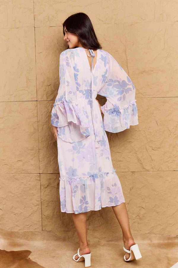 OneTheLand Take Me With You Floral Bell Sleeve Midi Dress in Blue - Kenchima 