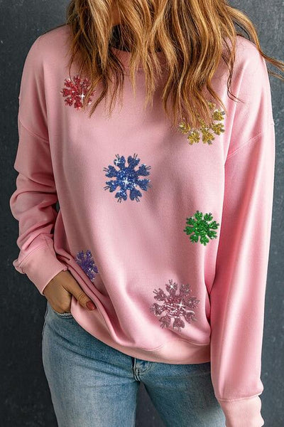 Sequin Snowflake Round Neck Sweatshirt - Kenchima 