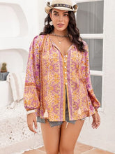 Plus Size Tie Neck Tassel Printed Blouse