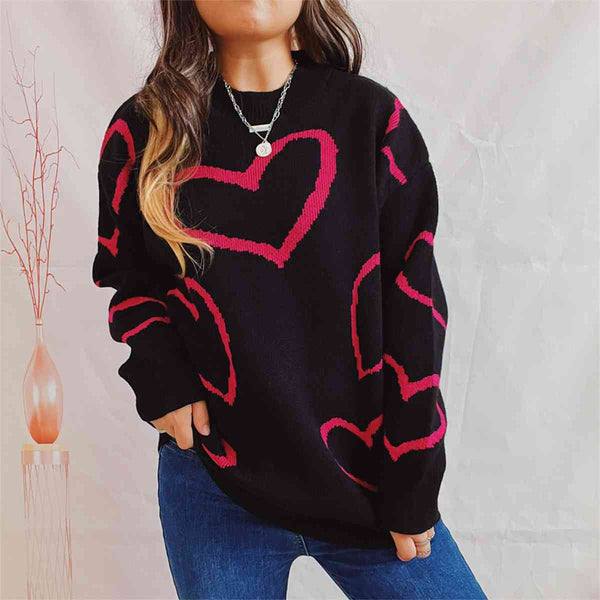 Heart Pattern Long Sleeve Sweater - Kenchima 