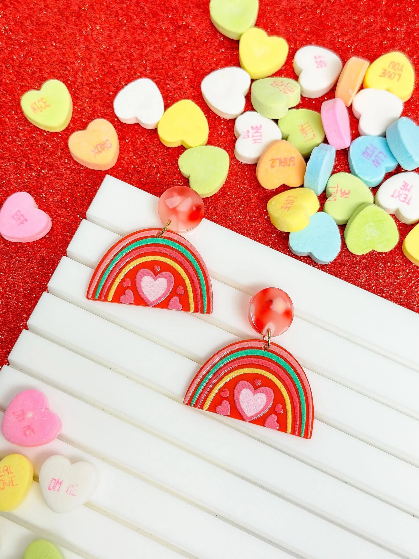 PREORDER: Acrylic Rainbow Heart Dangle Earrings