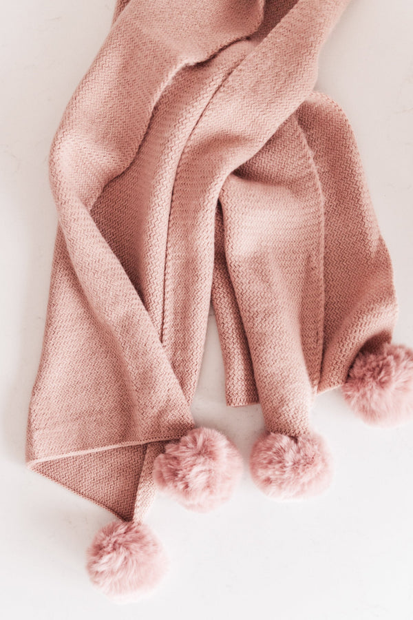 Knitted Fuzzy Pom Pom Scarf In Blush