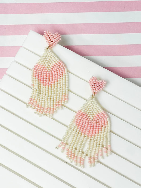 PREORDER: Seed Bead Tassel Heart Earrings in Two Colors