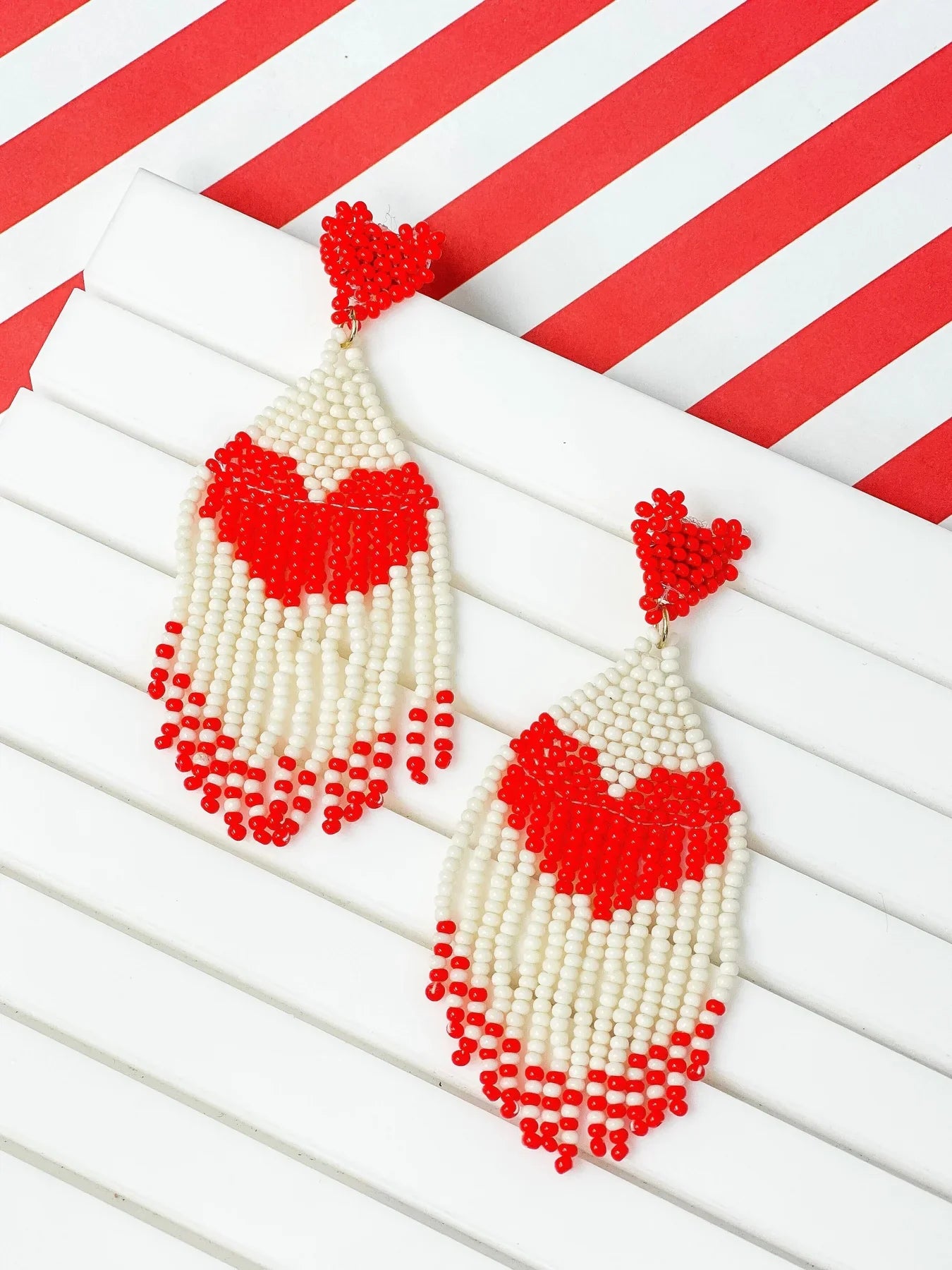 PREORDER: Seed Bead Tassel Heart Earrings in Two Colors