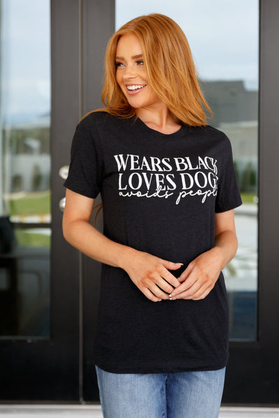 Wears Black, Loves Dogs Graphic Tee in Heather Black
