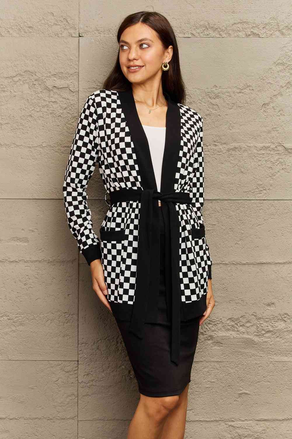Plaid Tie Waist Pocketed Cardigan