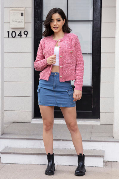 Button Up Round Neck Cardigan - Kenchima 