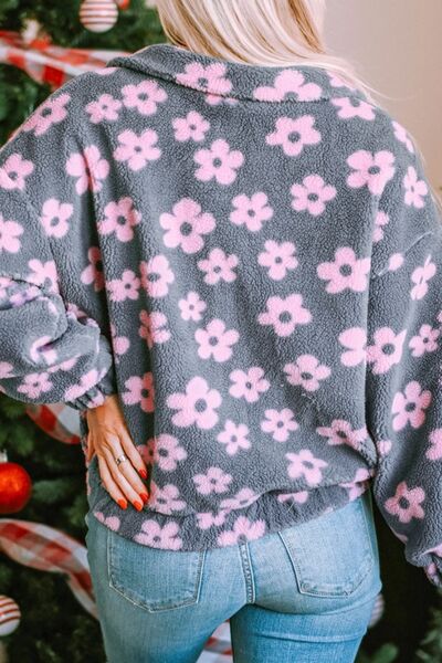 Flower Pattern Zip Up Dropped Shoulder Jacket - Kenchima 