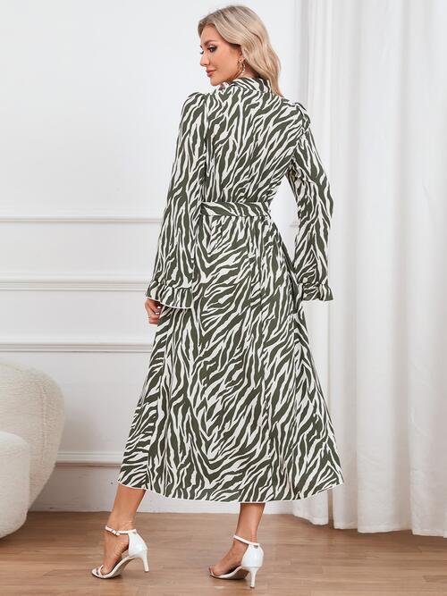 Animal Print Tie Front Ruffle Trim Dress - Kenchima 