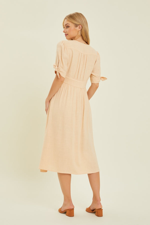 Textured Linen V-Neck Button-Down Midi Dress