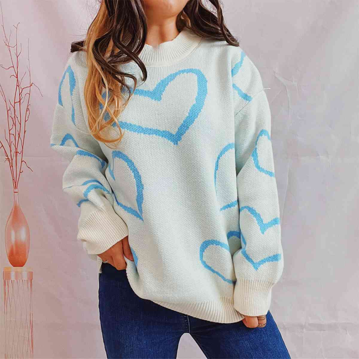 Heart Pattern Long Sleeve Sweater - Kenchima 