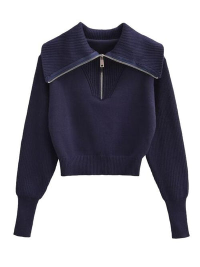 Half Zip Ribbed Collared Neck Knit sweater Top - Kenchima 