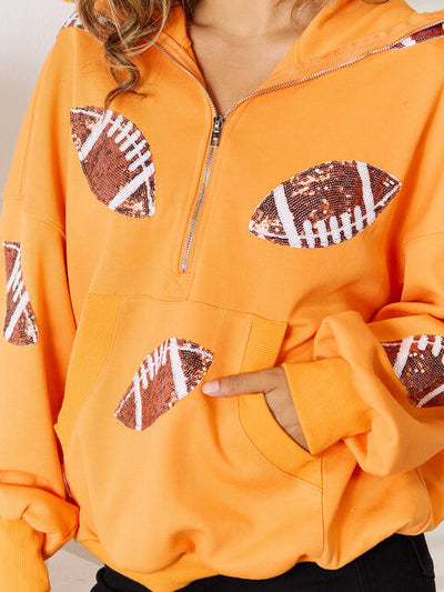 Sequin Football Patch Half-Zip Hoodie Sweater - Kenchima 