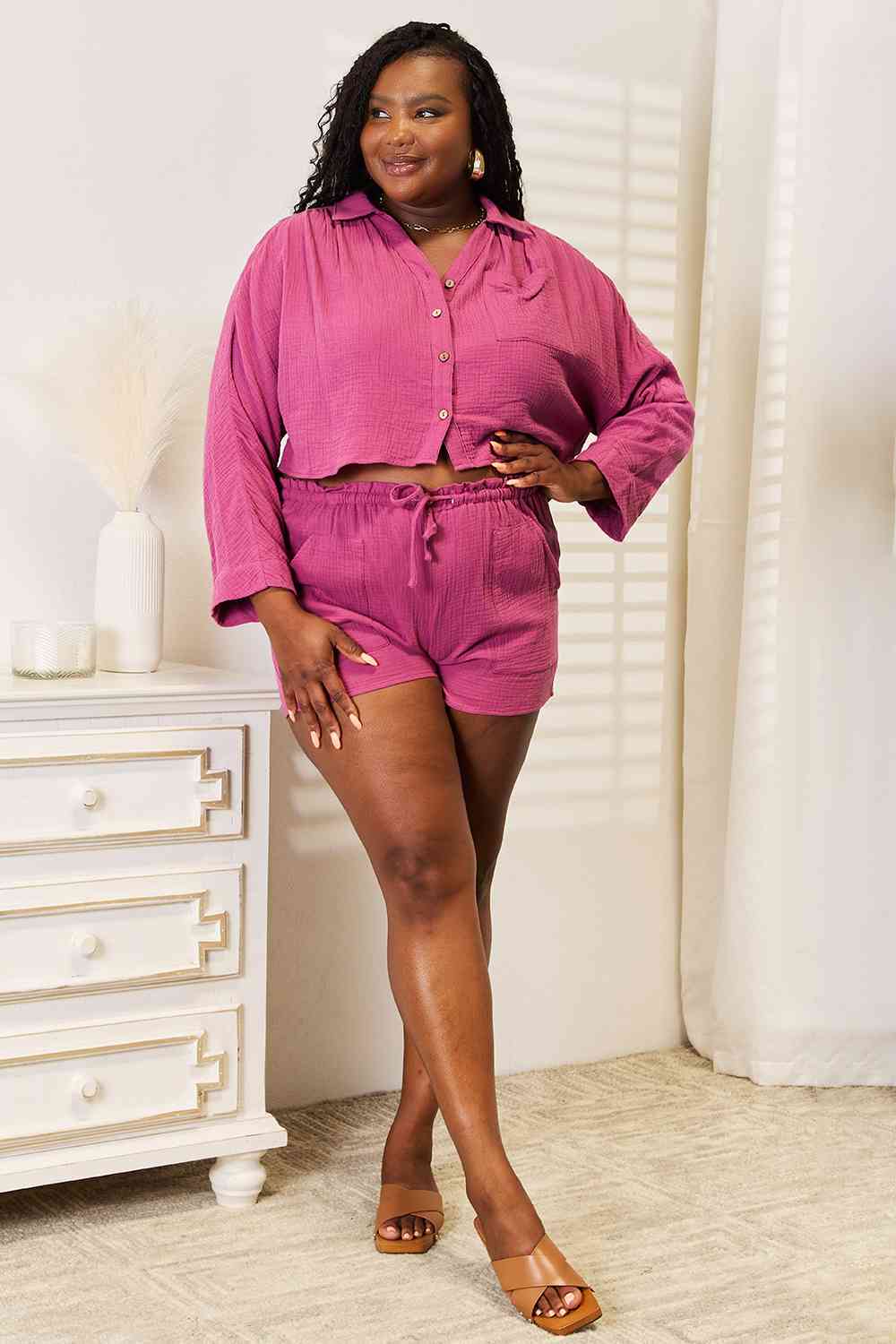 Basic Bae Buttoned Long Sleeve Top and Shorts Set - Kenchima 