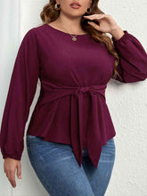 Plus Size Tie Front Long Sleeve Blouse - Kenchima 