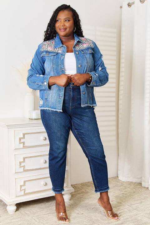 Baeful Leopard Floral Distressed Raw Hem Denim Jacket - Kenchima 